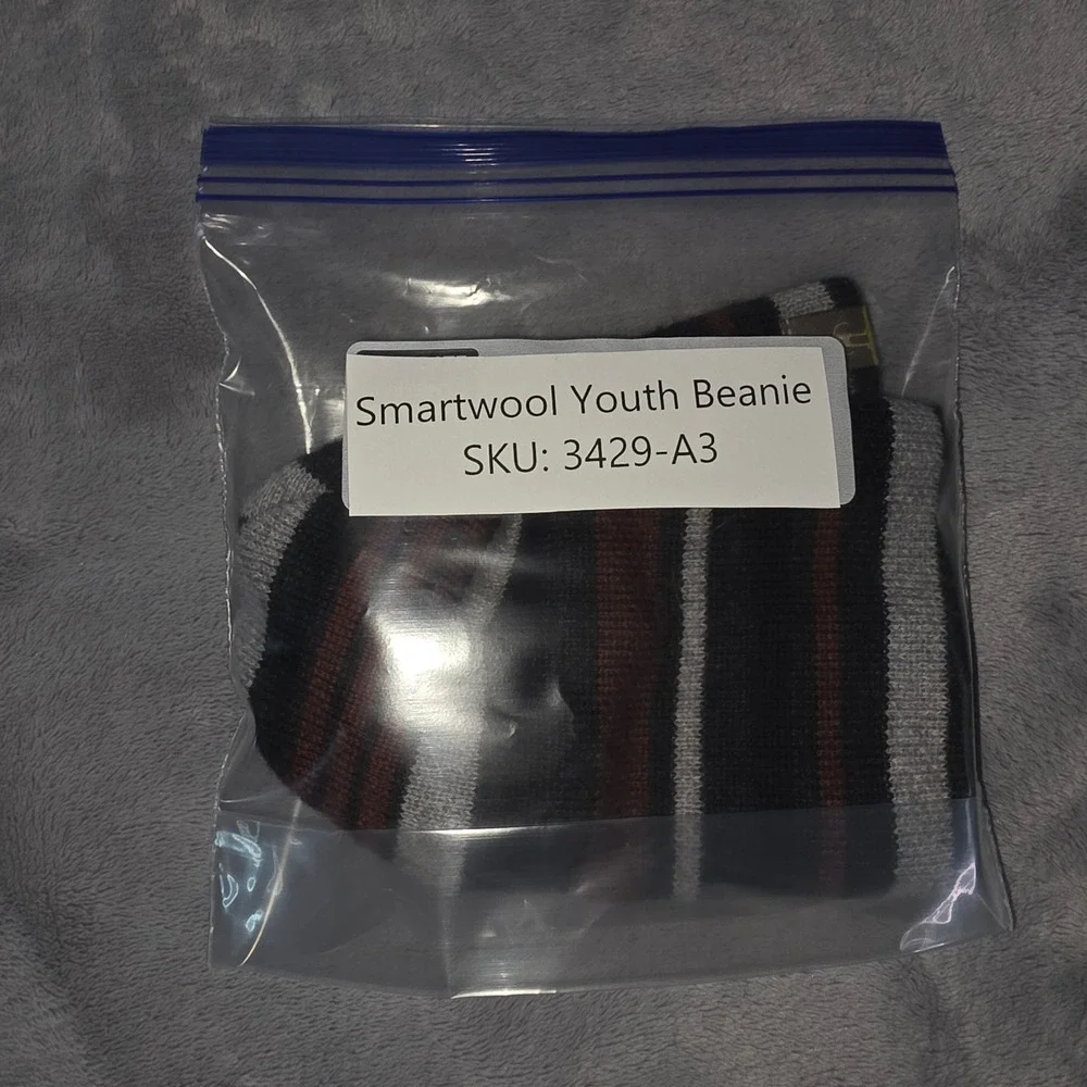 Smartwool Youth Beanie Striped Merino Wool Knit Winter Hat Black Brown Grey